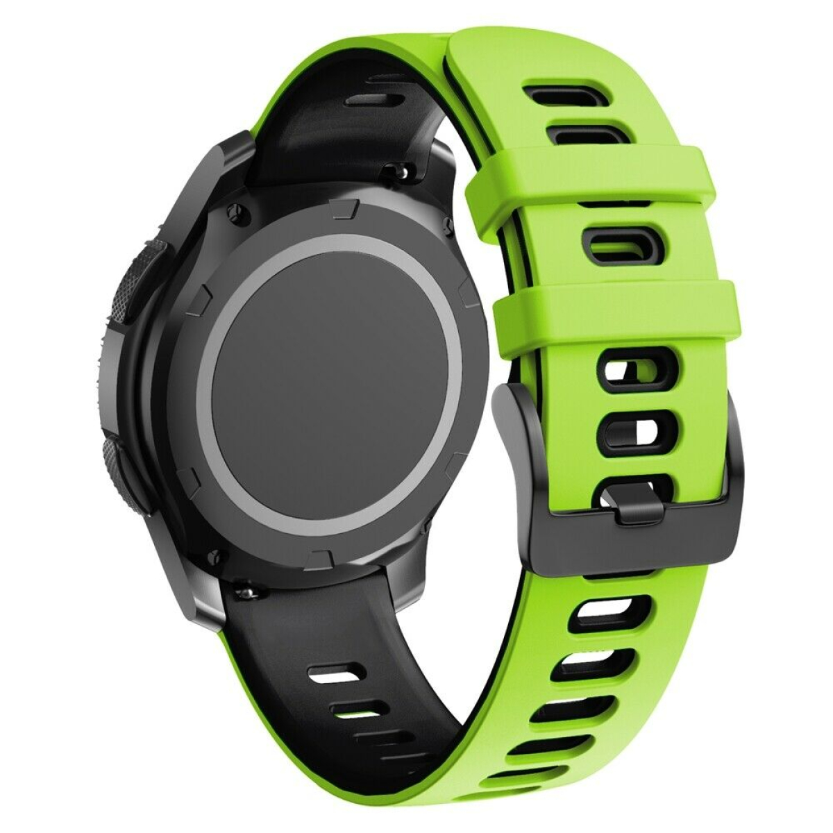 Schwarze Smartwatch mit grünem Armband. Die Uhr befindet sich auf weißem Hintergrund.