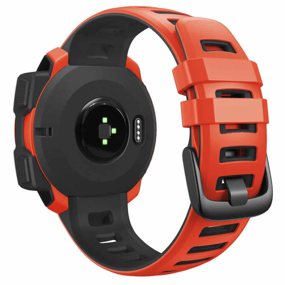 Nahaufnahme einer rot-schwarzen Smartwatch mit schwarzem, kreisförmigem Bildschirm.