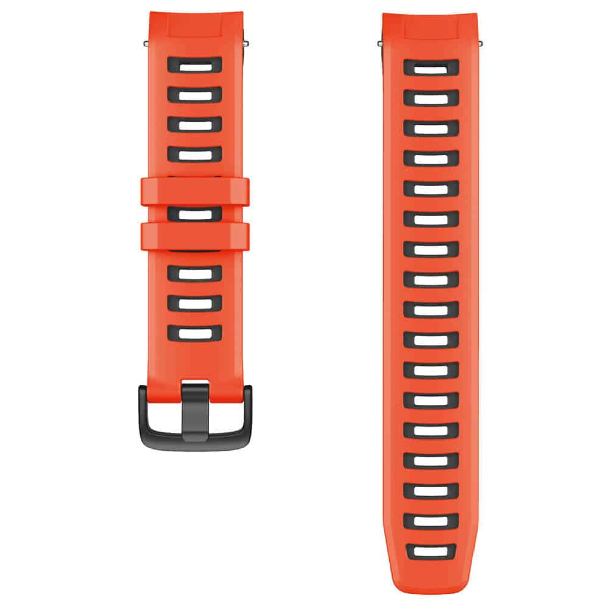 Orangefarbene Uhrenarmbandabschnitte mit schwarzen Akzenten und einer schwarzen Schnalle, weißer Hintergrund.
