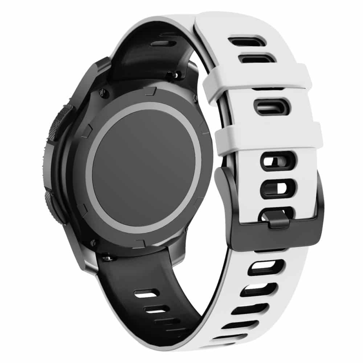 Schwarz-weiße Smartwatch mit weißem Armband. Die Rückseite der Uhr ist schwarz.