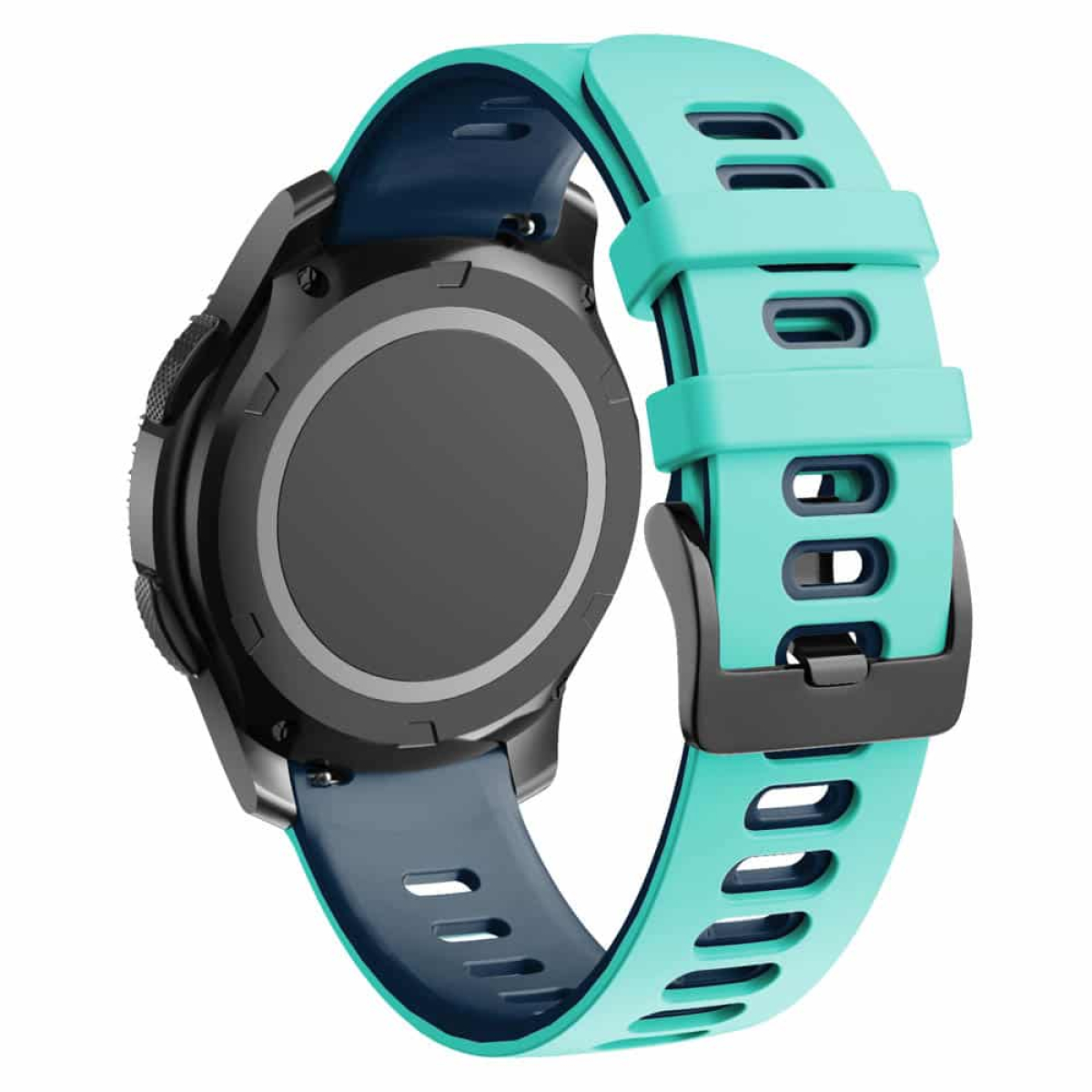 Smartwatch mit grünem Armband und schwarzer Schließe, auf weißem Hintergrund.