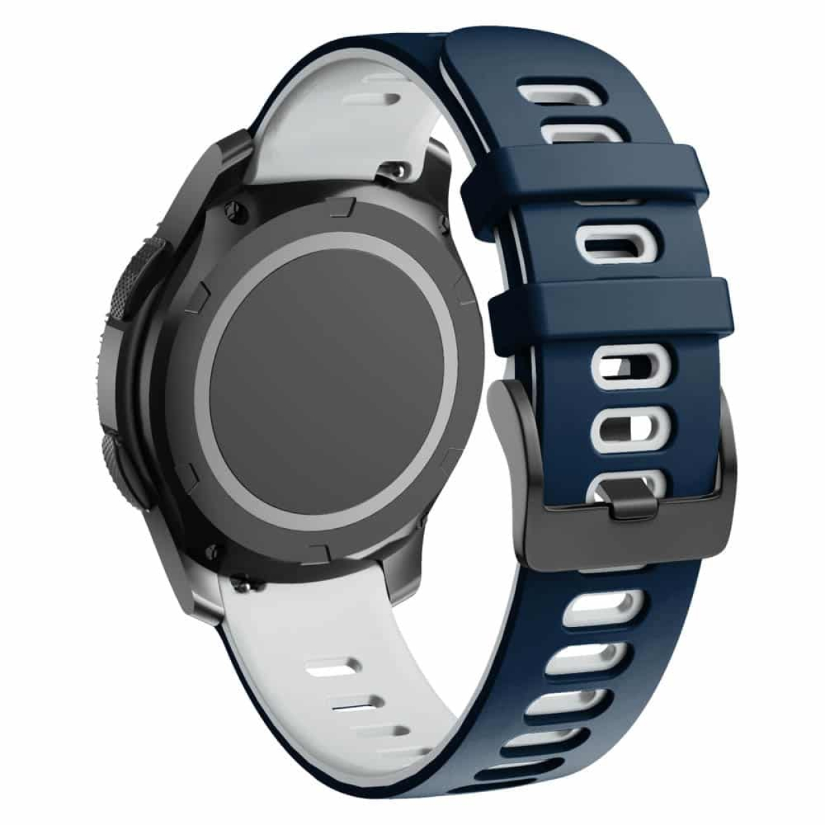Ein blau-weißes Smartwatch-Armband, das an einer Uhr befestigt ist, wobei die Rückseite sichtbar ist.
