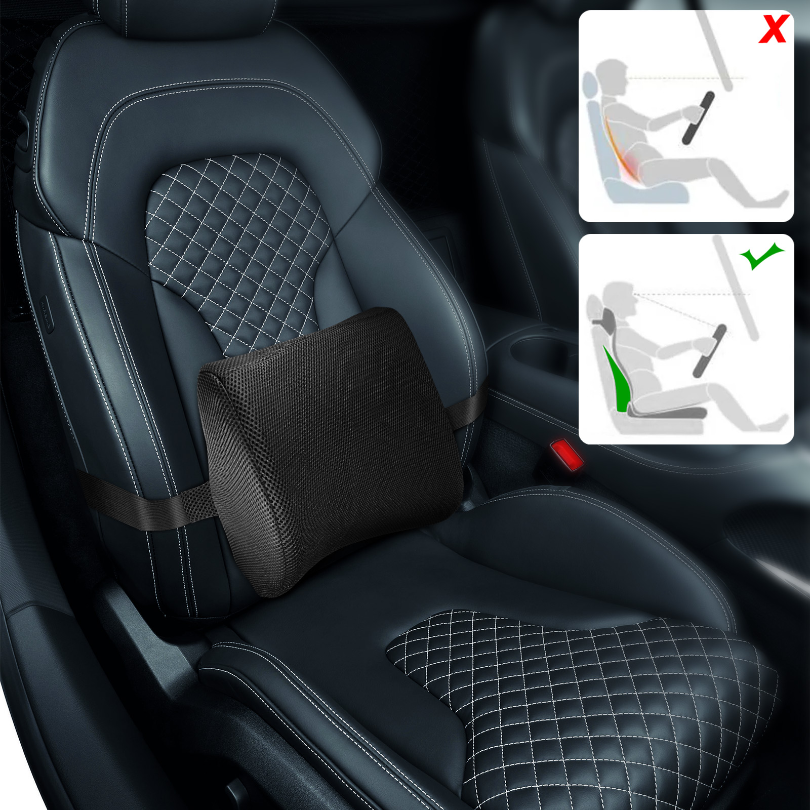 Ein schwarzer Autositz mit einem schwarzen Lordosenstützkissen und einem Diagramm, das die richtige Haltung zeigt.