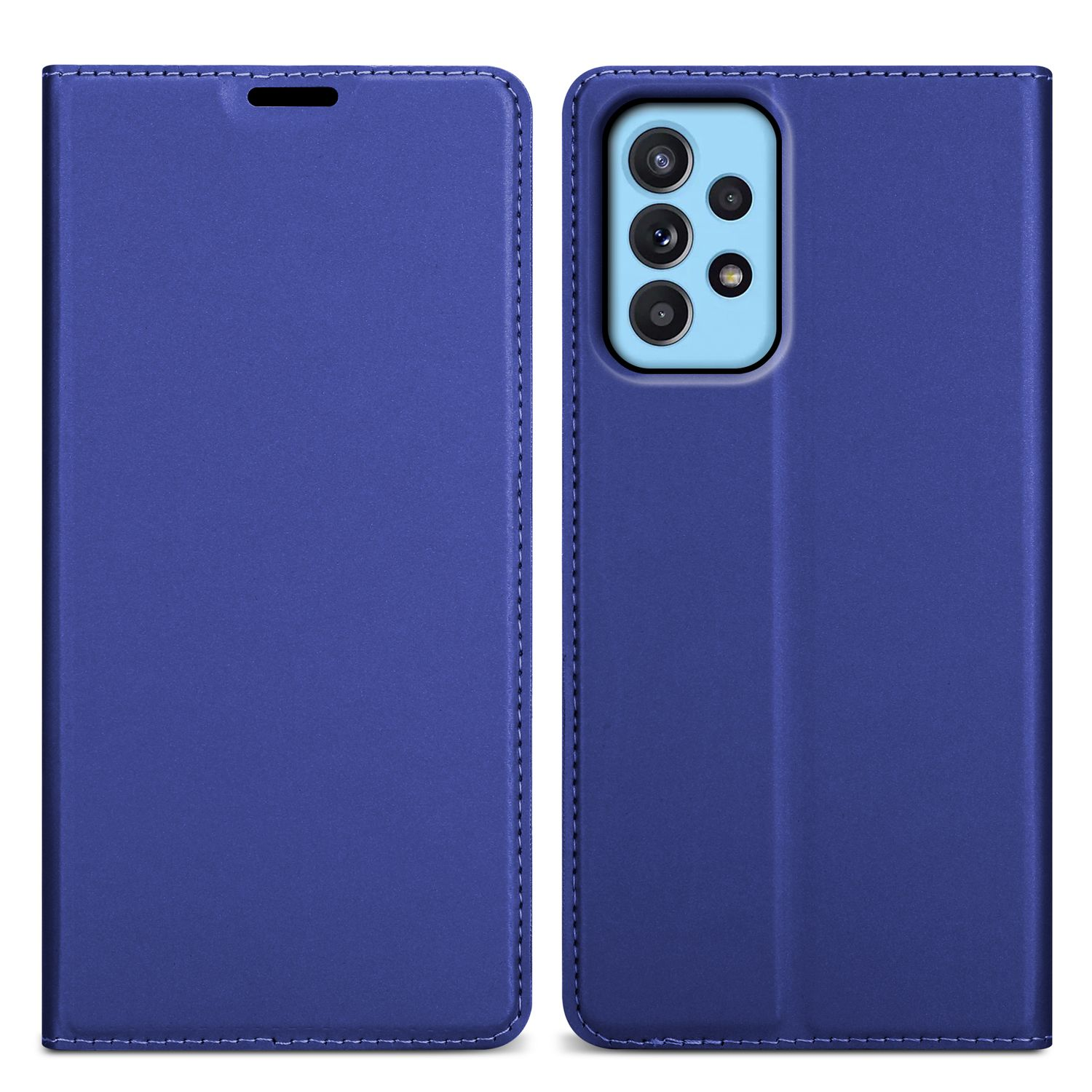 Una custodia in pelle blu per un telefono. La custodia è chiusa a sinistra e aperta a destra.