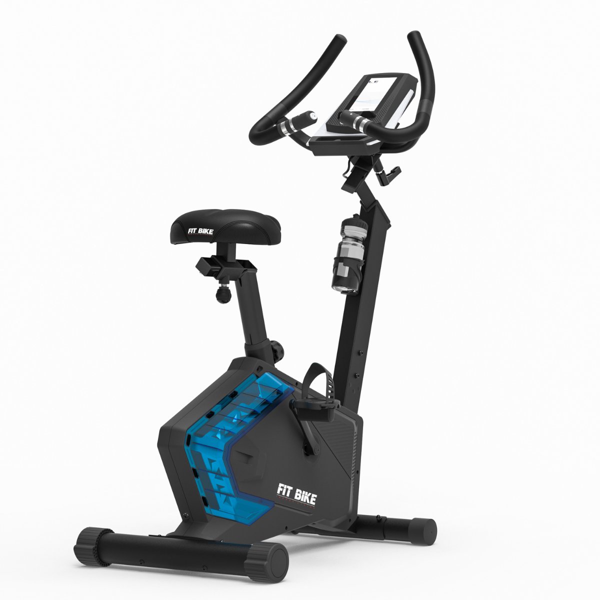 Zwarte en blauwe Fit Bike hometrainer. Voorzien van zadel, bidonhouder en stuur.