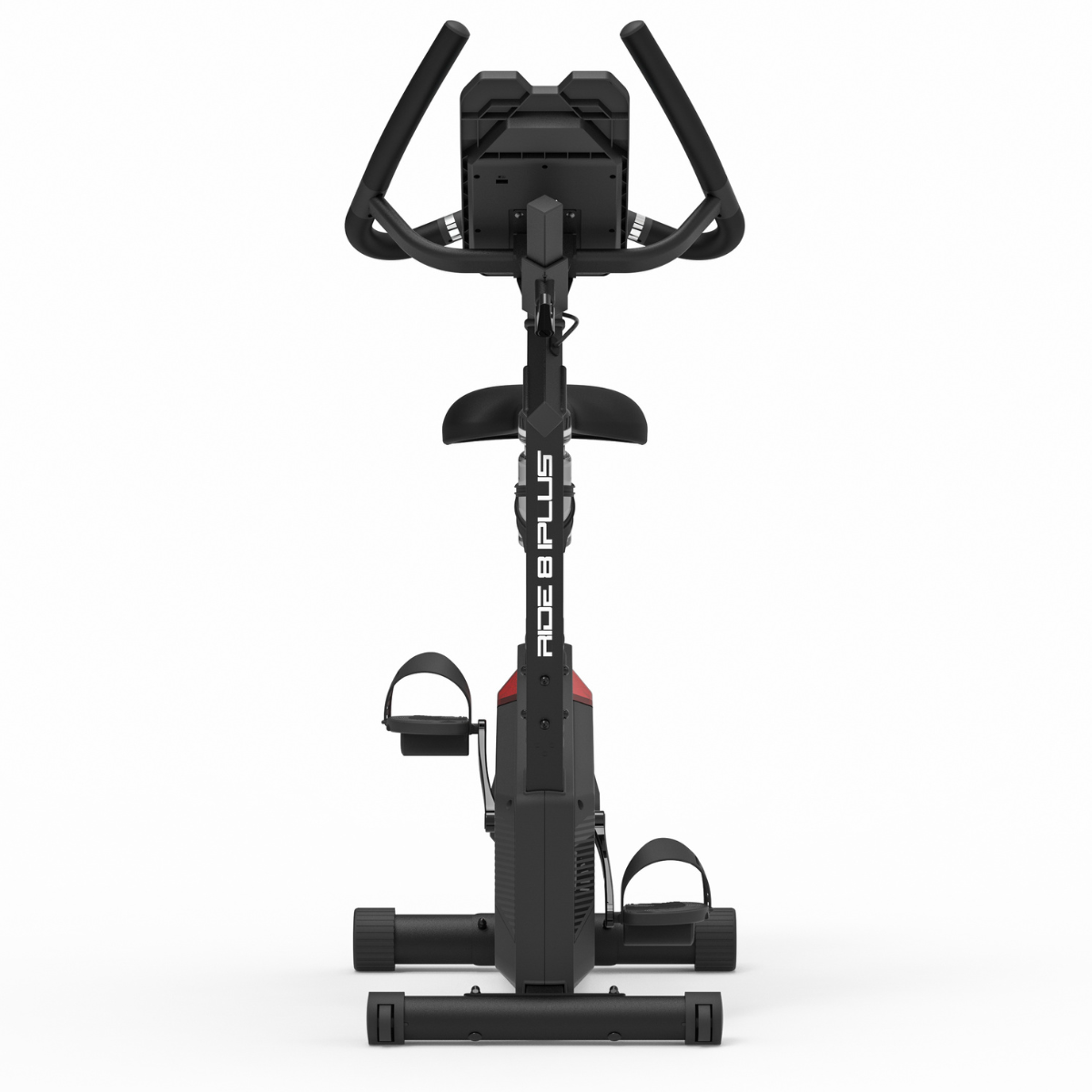 Zwarte hometrainer van bovenaf. Het display en de pedalen zijn zichtbaar.