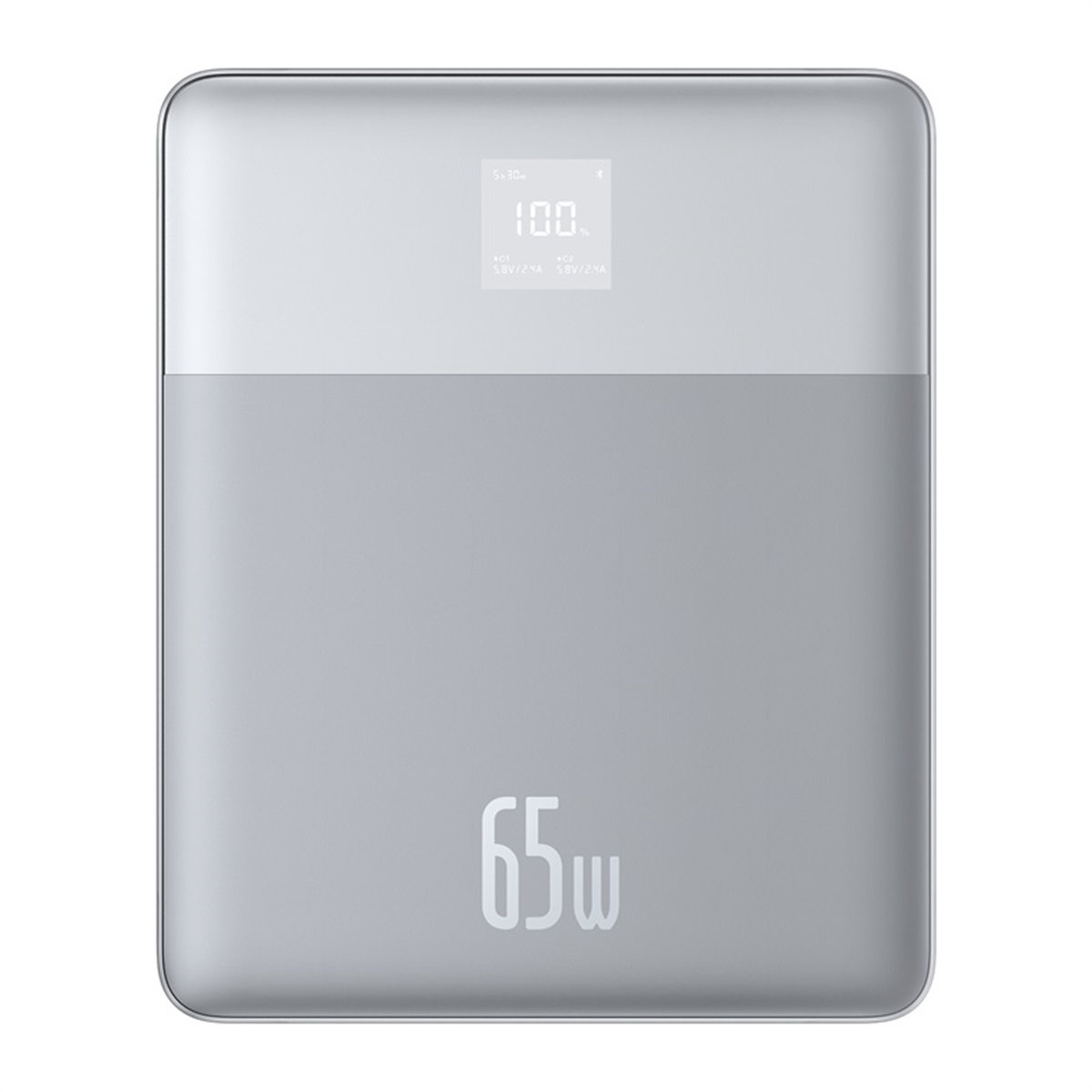 Un power bank plateado y gris con pantalla digital que muestra 100% y 65w sobre fondo blanco.