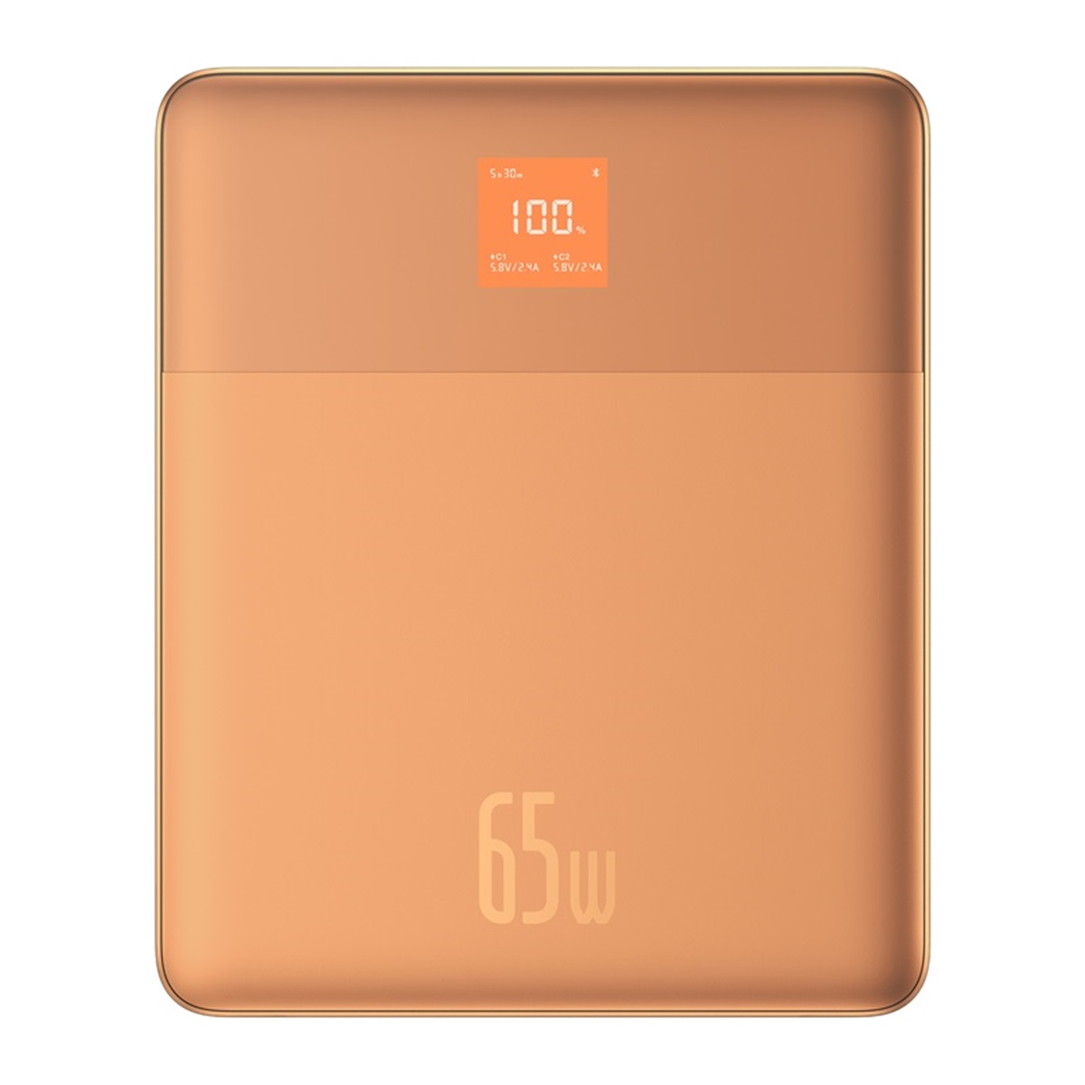 Une batterie externe cuivrée avec un écran affichant 100 % de charge et 65 W.