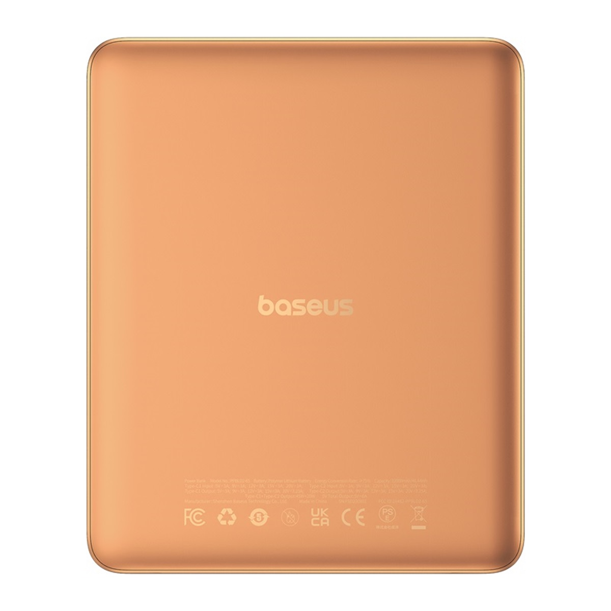 Power bank Baseus bronzo. Logo Baseus. Sfondo bianco. Dettagli in basso.