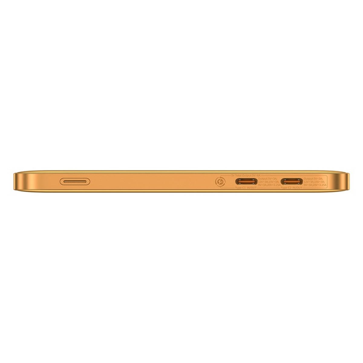 Power bank color oro con porte multiple. Vista dall'alto, con porte per ingresso e uscita.