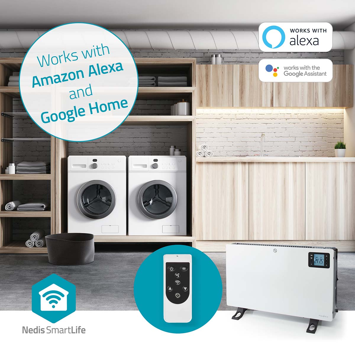 Scena inteligentnego domu: białe urządzenia, drewniane szafki i grzejnik. Zawiera logo Alexa i Google Home.