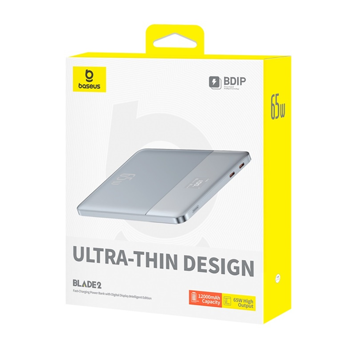 Una caja blanca y amarilla con la etiqueta Baseus. Presenta un banco de energía con diseño ultra delgado y salida de 65W.