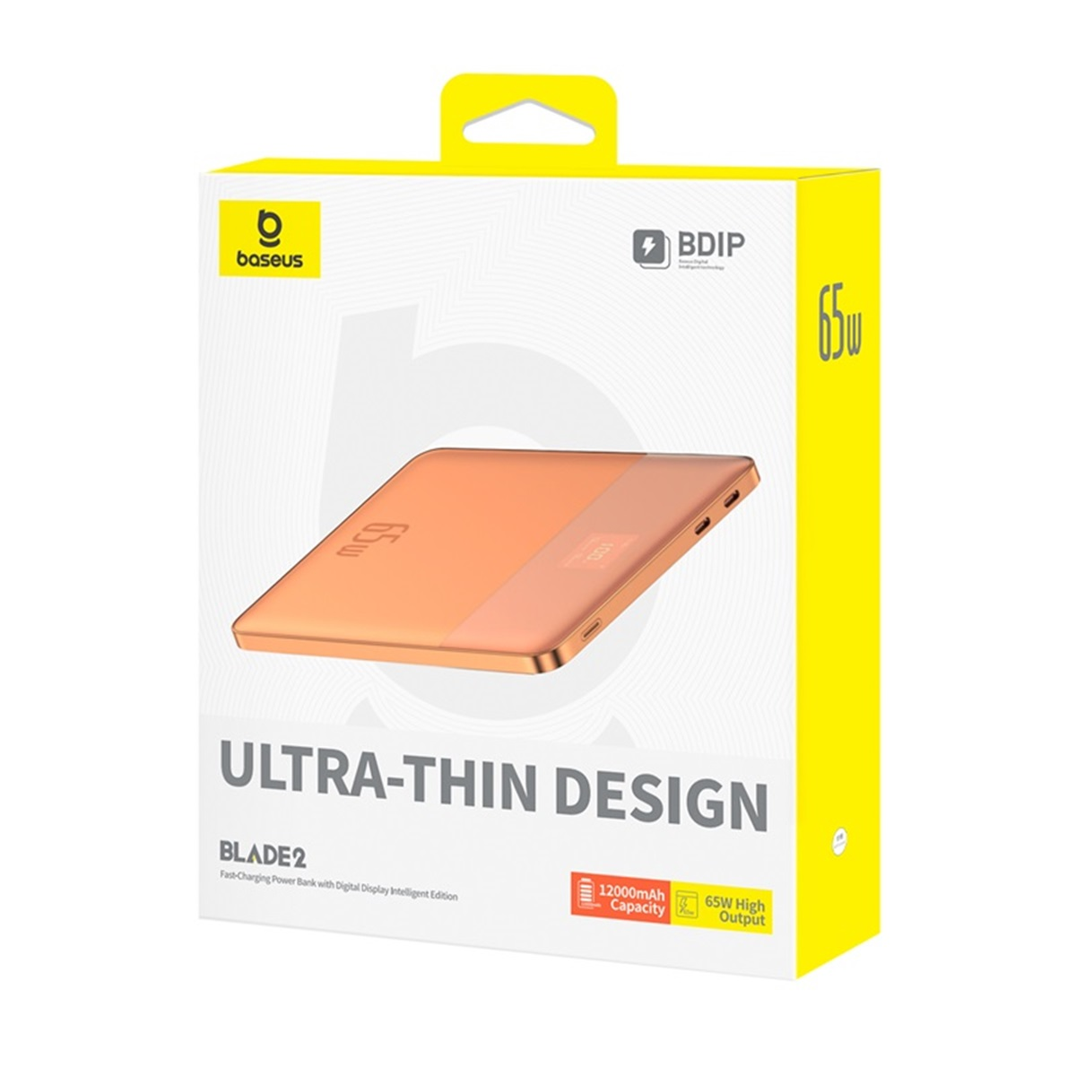 Power bank arancione in scatola gialla. Testo: 'Design ultra-sottile', 'Blade2' e '65W'.