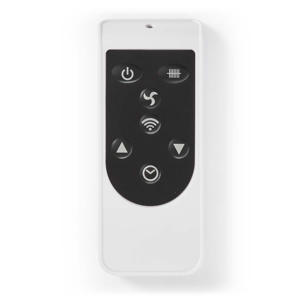 Biały pilot z czarnymi przyciskami do wentylatora, na białym tle.