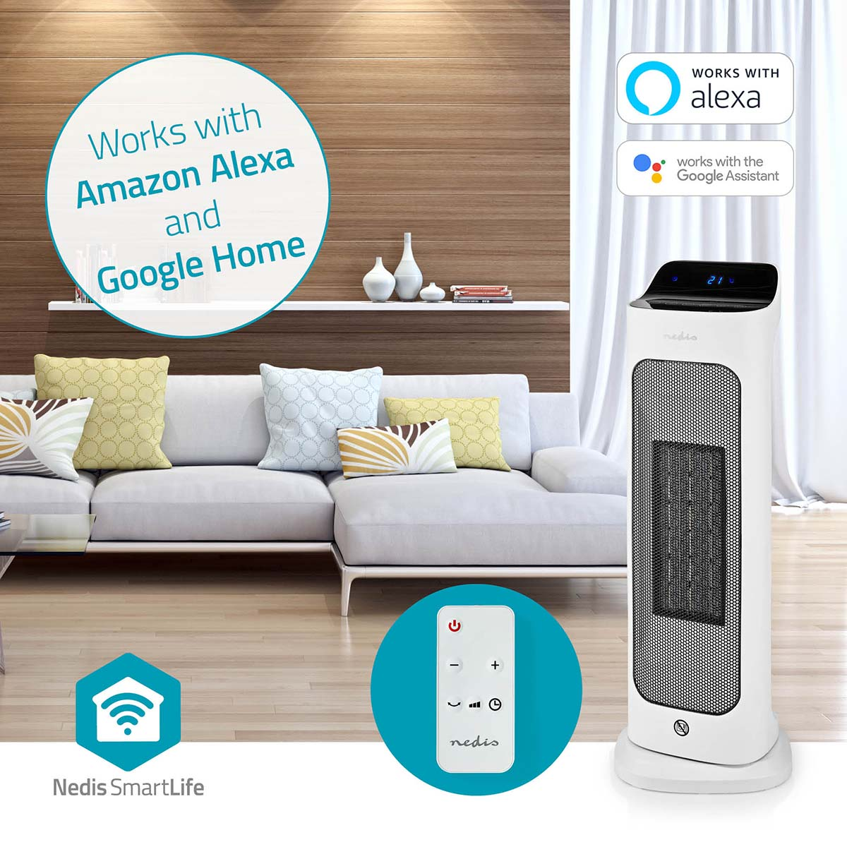 Biały grzejnik wieżowy obok białej sofy w salonie.