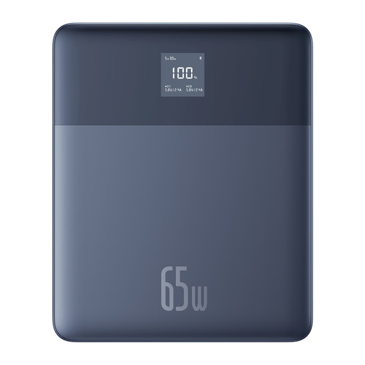 Banco de energía azul oscuro con pantalla que muestra 100%, 65W y fondo blanco.