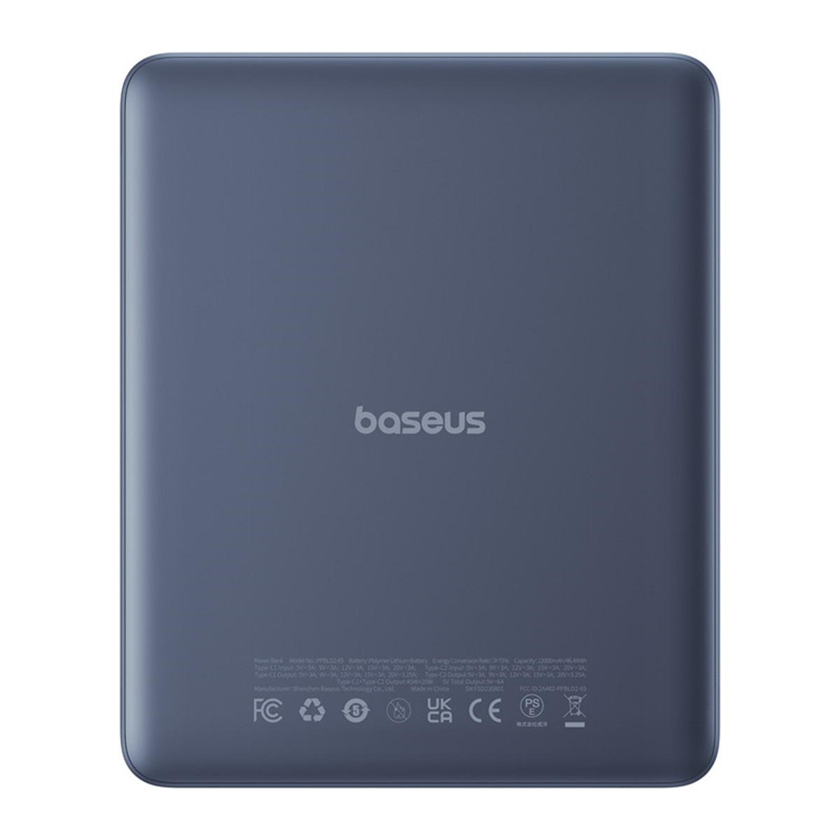 Power bank Baseus azul oscuro, vista trasera. Contiene información del producto y símbolos regulatorios.