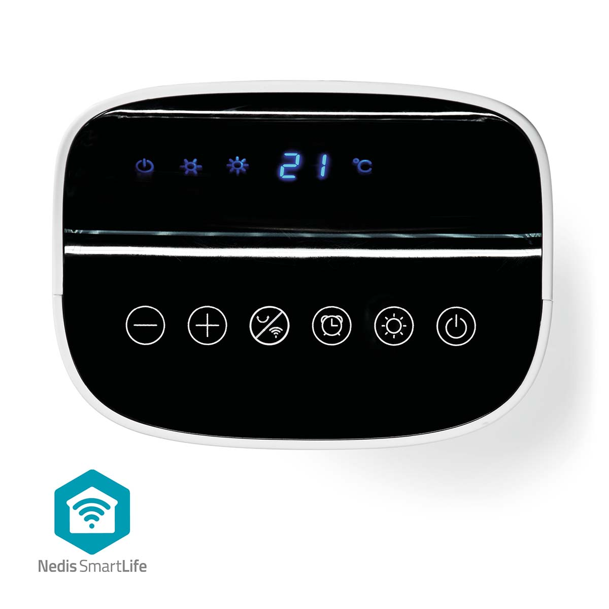 Czarno-biały panel sterowania inteligentnego oczyszczacza powietrza. Wyświetlacz pokazujący 21 stopni, różne ikony sterowania.