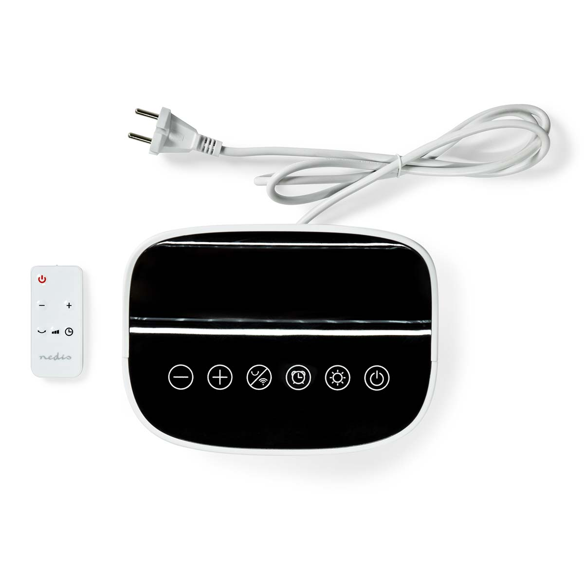 Biało-czarne urządzenie z pilotem i przewodem zasilającym.