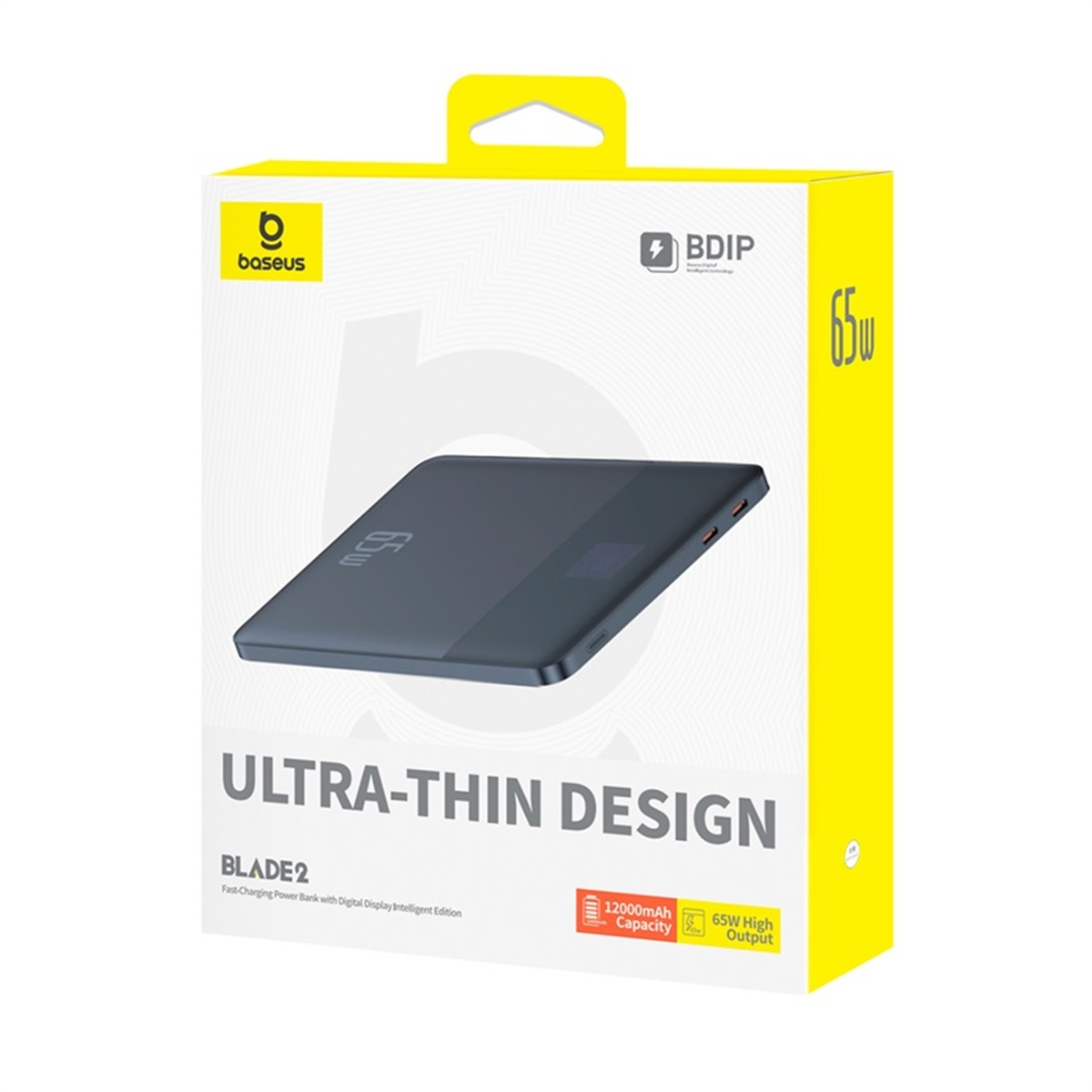 Una caja amarilla y blanca con un banco de energía negro dentro. El texto dice 'Ultra-Thin Design'.