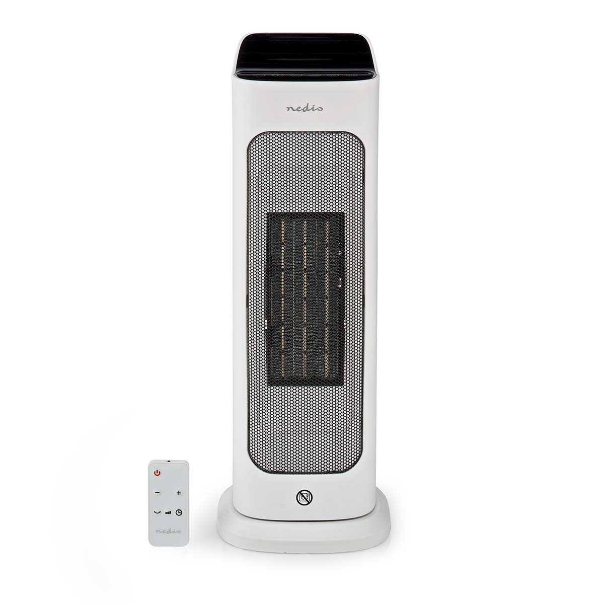 Biały grzejnik wieżowy z pilotem. Czarny przód z siatki, biała podstawa. Białe tło.