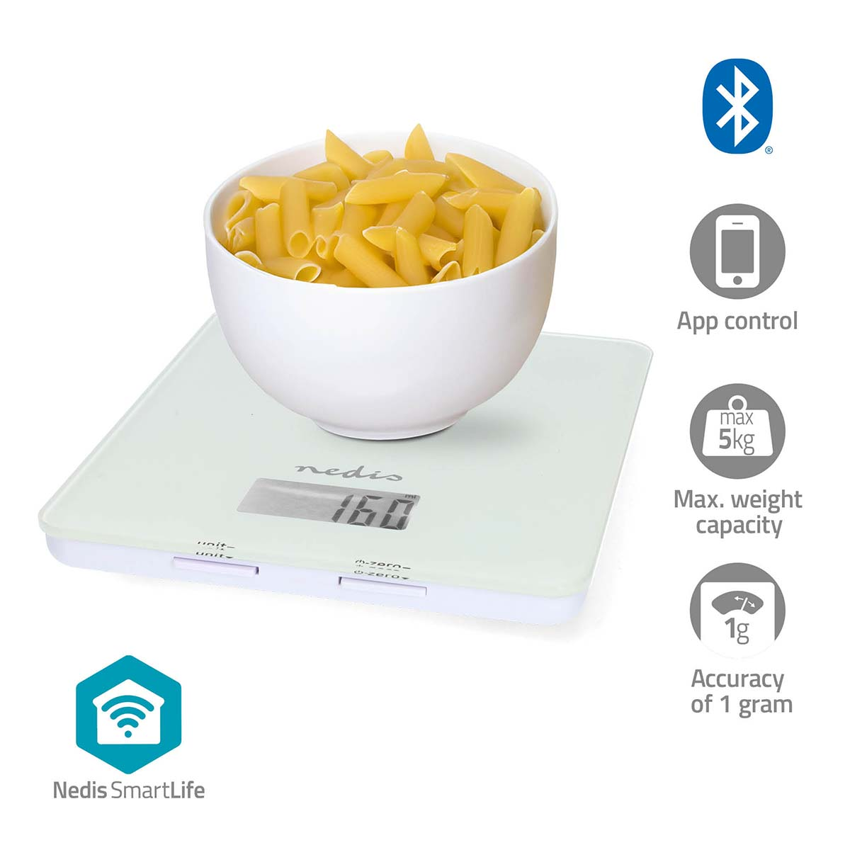 Waage mit Nudeln. Text: Max. Tragfähigkeit 5kg. Genauigkeit 1 Gramm. Bluetooth und App-Steuerung.