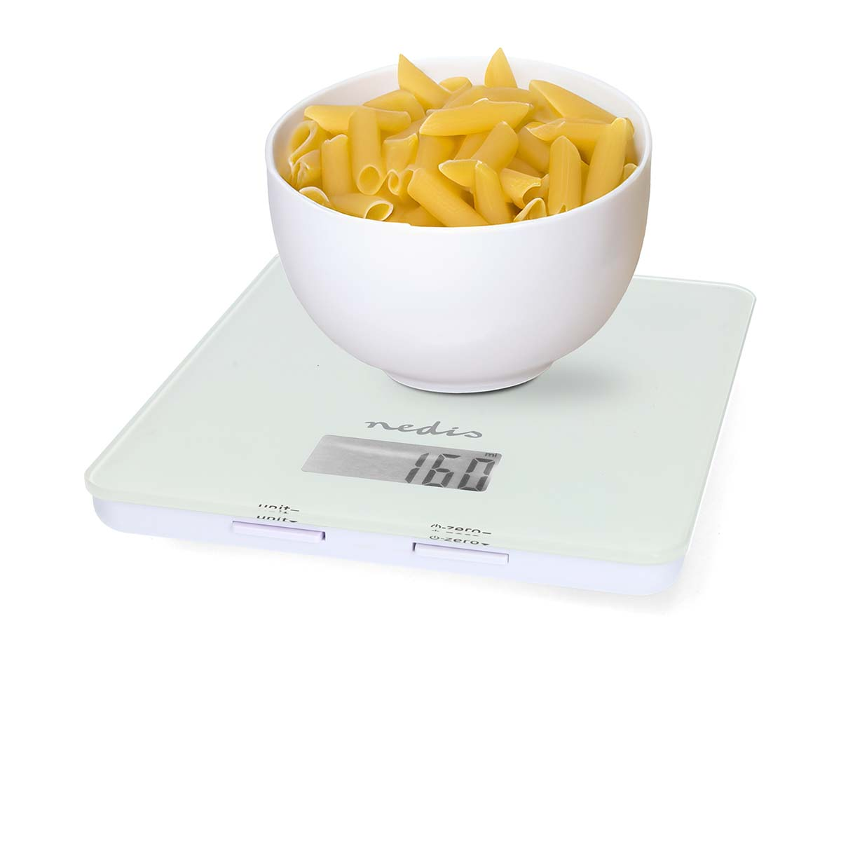 Eine weiße Schüssel mit Pasta auf einer digitalen Küchenwaage. Die Waage zeigt 160 an.