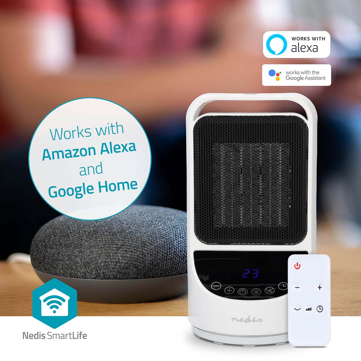 Termoconvettore bianco con telecomando e altoparlante intelligente. Testo: Funziona con Alexa e Google Home.