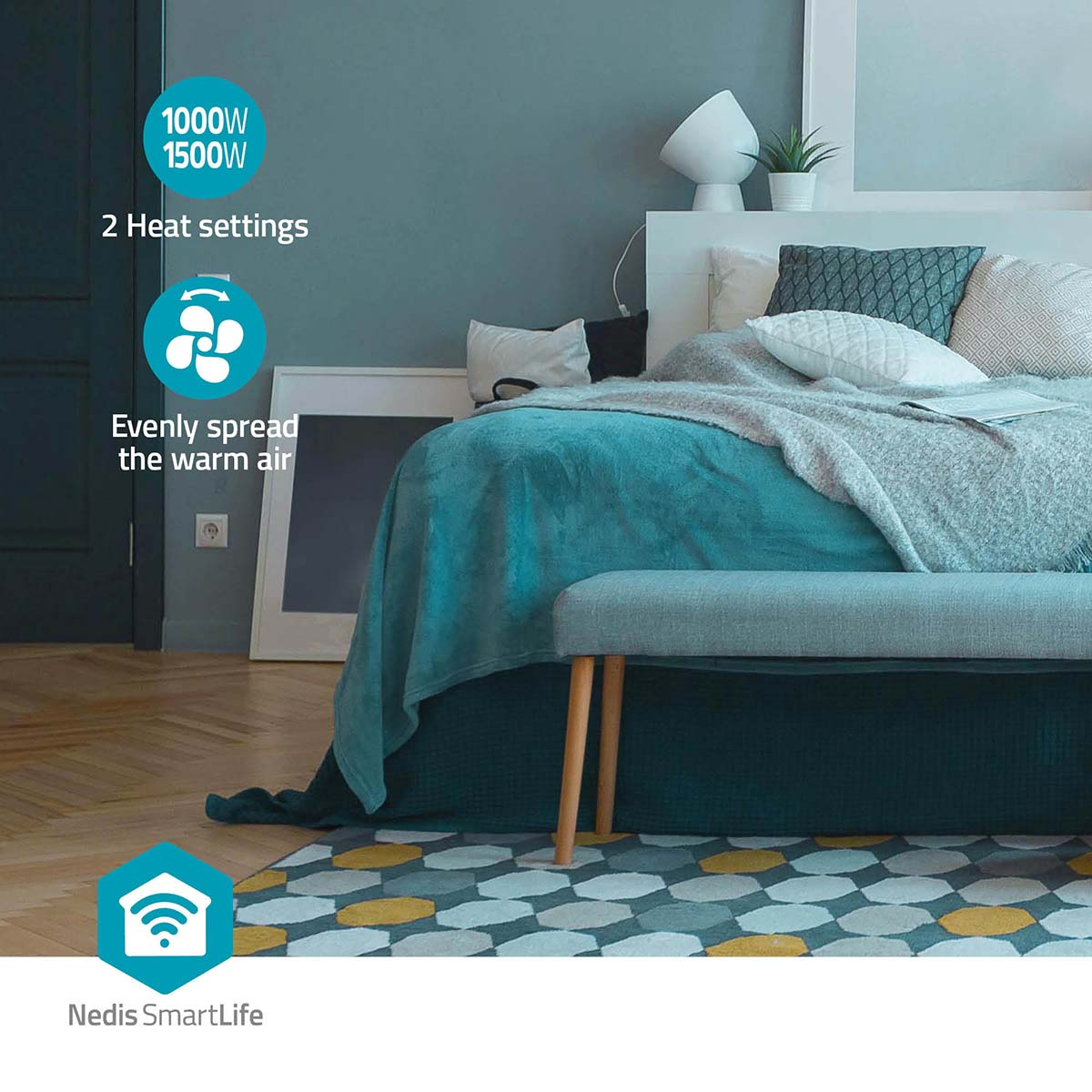 Una scena di camera da letto con un letto, un tappeto e un riscaldatore. Visibili anche una coperta blu e una panca.