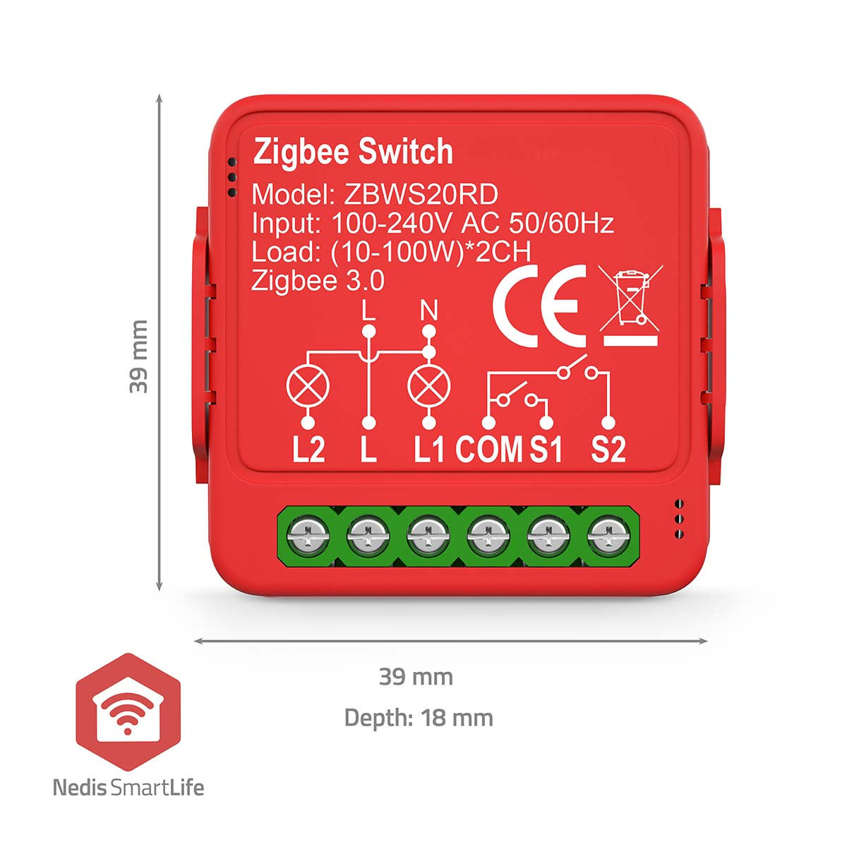 Ein roter Zigbee-Schalter mit Abmessungen. Der Schalter hat mehrere Anschlüsse.