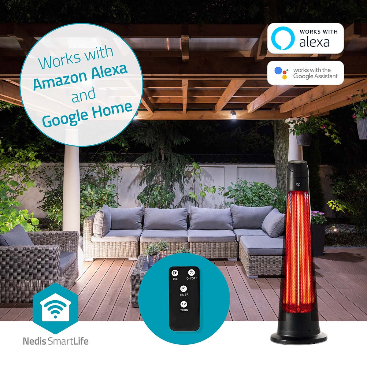 Buitenscène met terrasverwarmer. Werkt met Alexa en Google Assistant. SmartLife logo links.