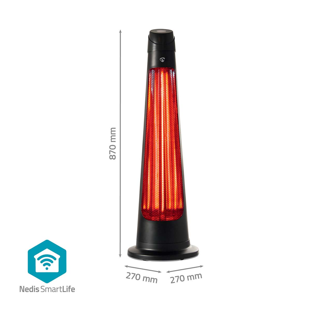 Hoge, zwarte Nedis infraroodverwarmer, met een rood gloeiend verwarmingselement. Er zijn meetlabels aanwezig.