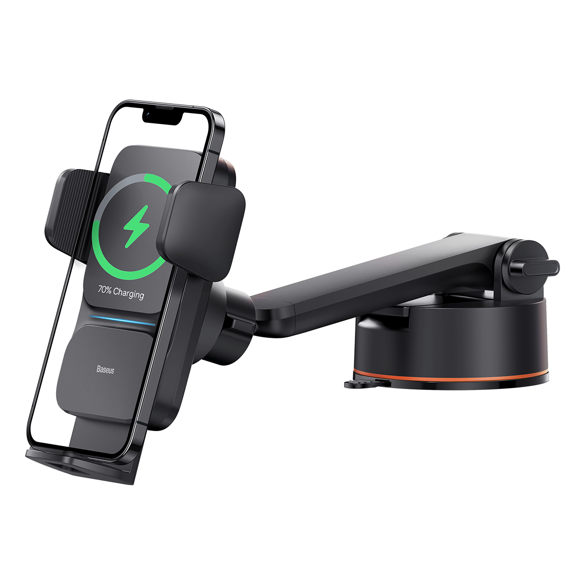 Supporto per telefono da auto nero con telefono, indicatore di carica e base a ventosa.