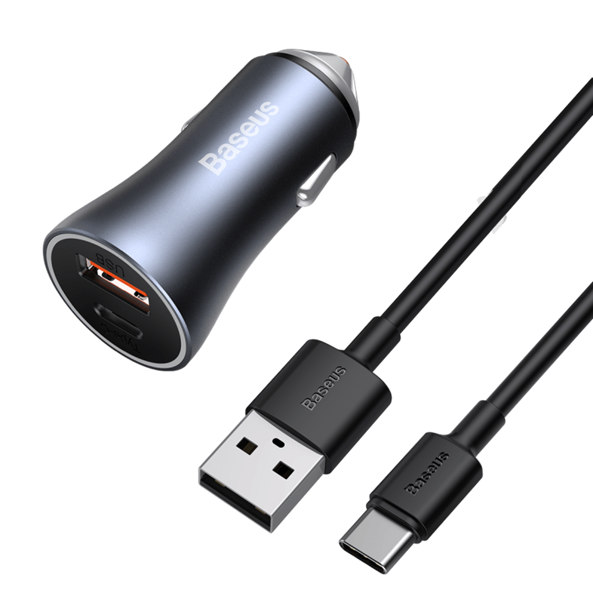 Ładowarka samochodowa z portami USB i USB-C. Czarno-srebrna marka Baseus. Kabel w zestawie.