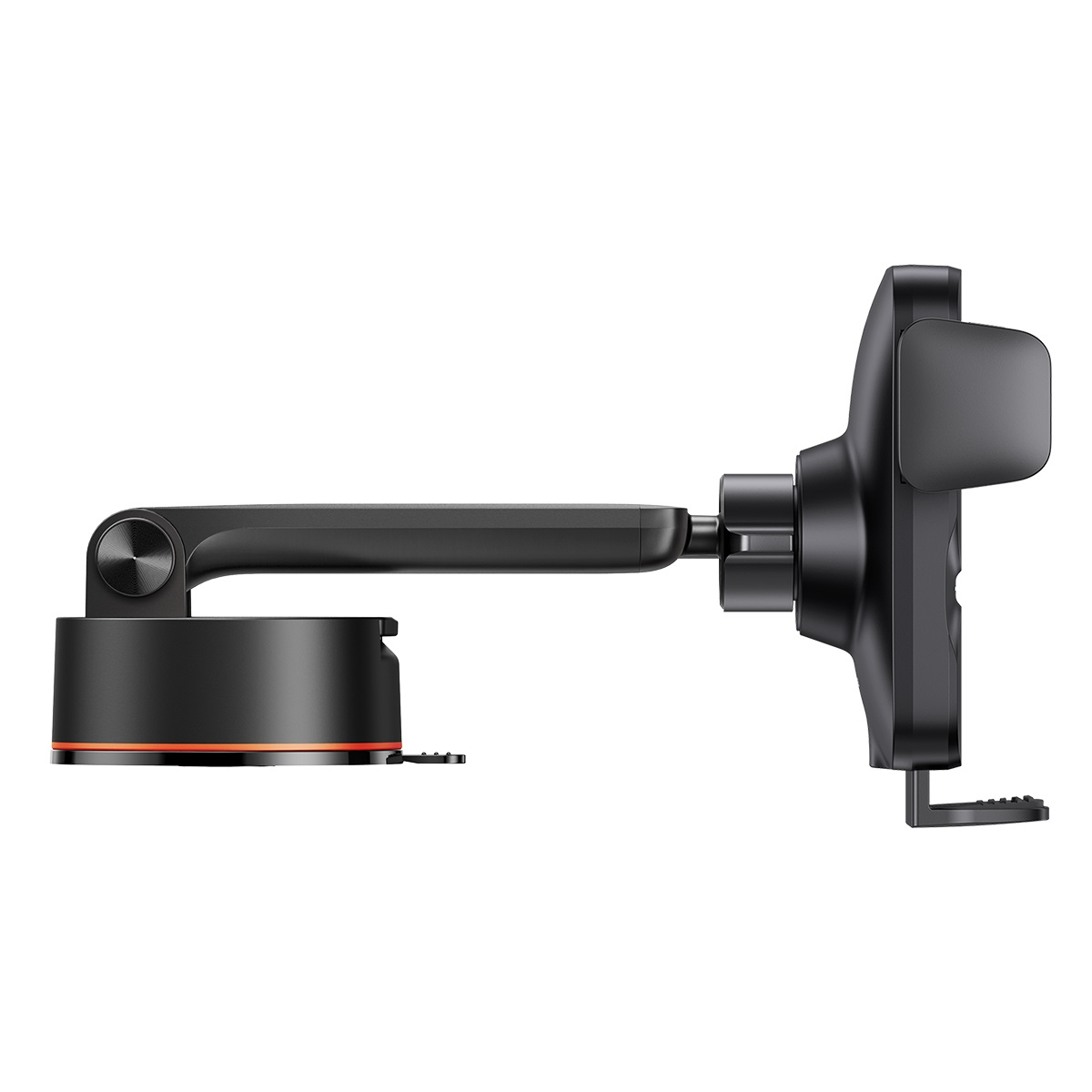 Supporto per telefono da auto nero. Si monta sul cruscotto e ha un braccio flessibile e un'impugnatura per telefono.