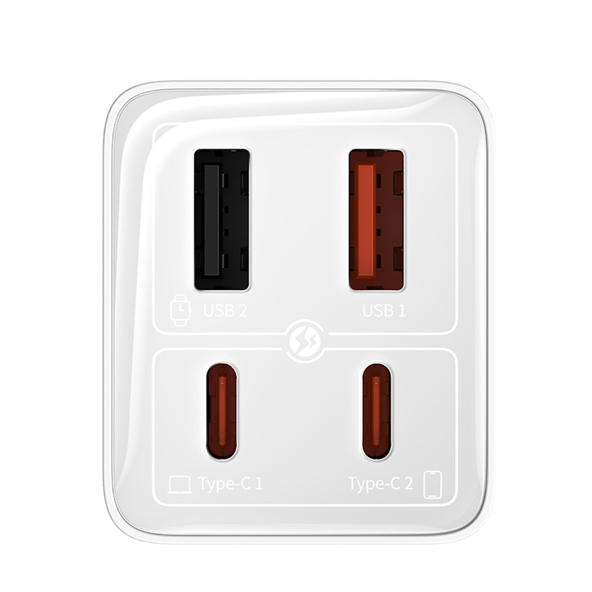 Un adaptateur secteur blanc avec quatre ports : deux USB et deux Type-C. Les ports sont noirs et rouges.