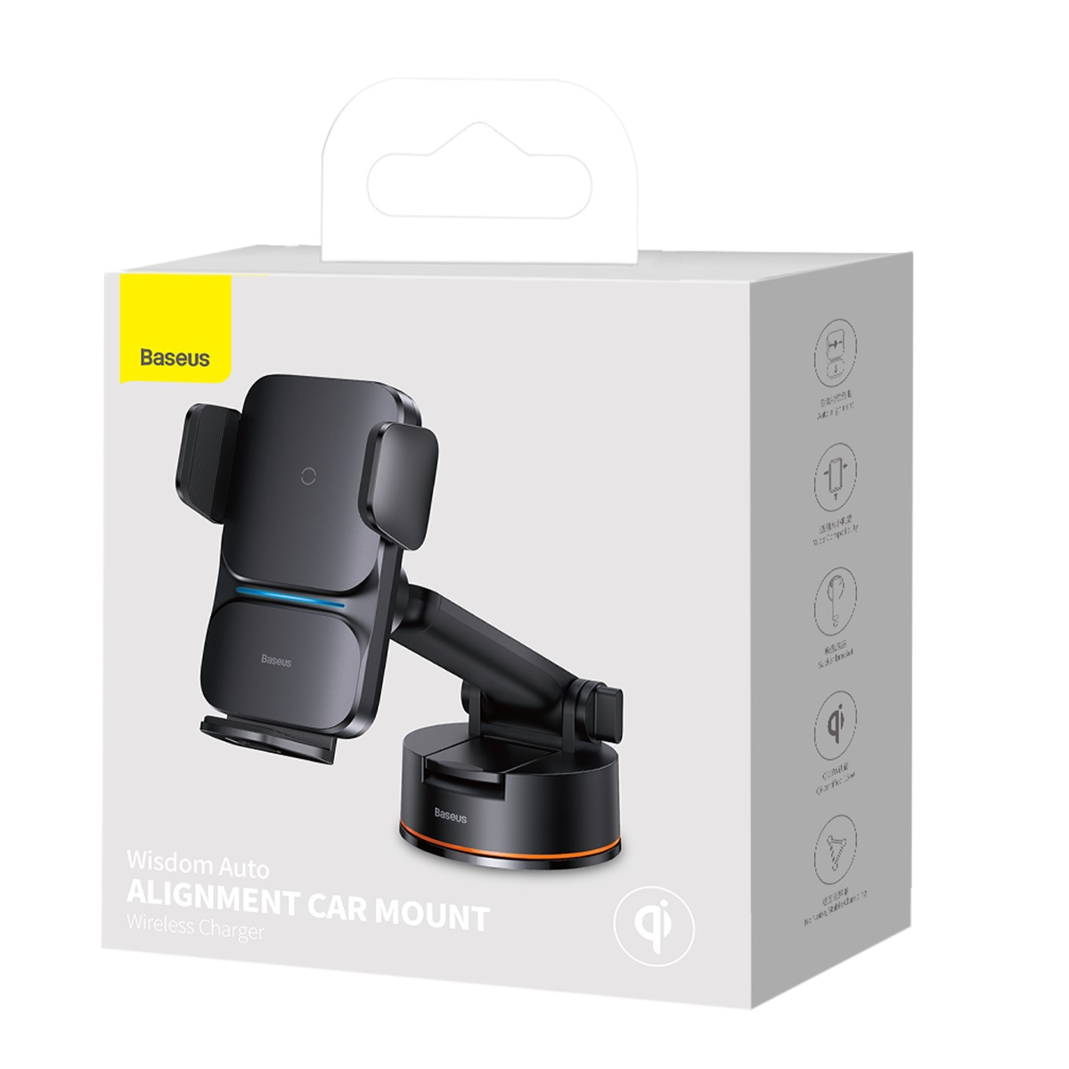 Scatola supporto auto con caricatore wireless, base e supporto. Scatola bianca con dettagli.
