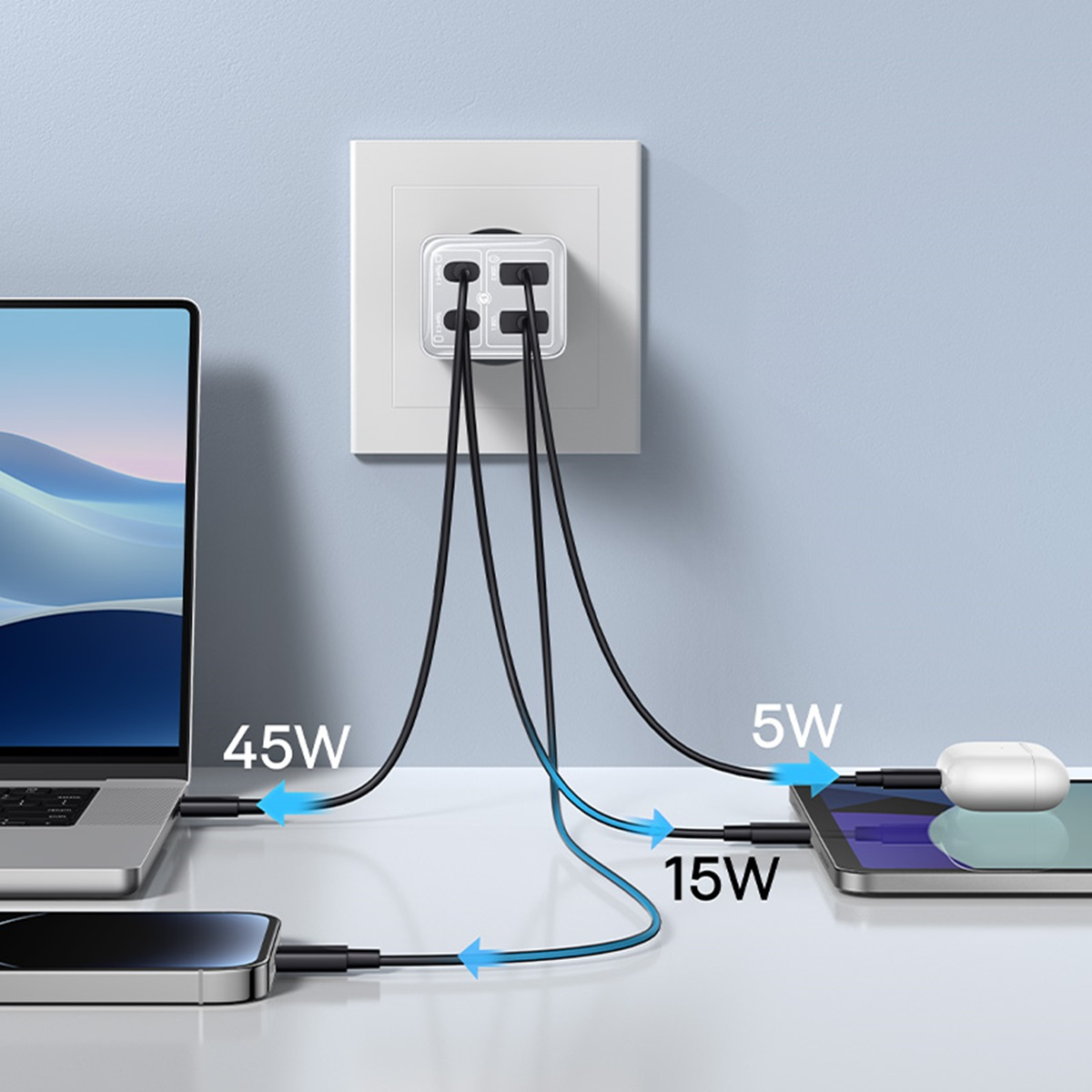 Une prise de courant avec un ordinateur portable, un téléphone et une tablette, tous en charge. Les flèches indiquent la consommation d'énergie, étiquetée 45W, 5W, 15W.