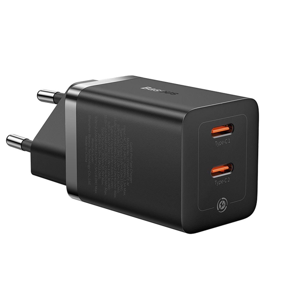 Type-C bağlantı noktalarına ve turuncu bir vurguya sahip siyah çift bağlantı noktalı USB şarj cihazı.