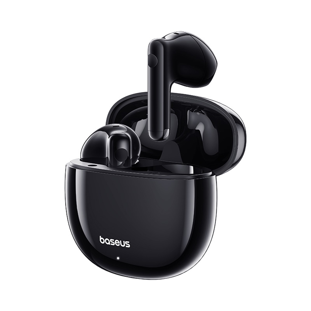Auriculares inalámbricos negros en un estuche de carga. El estuche está abierto, mostrando ambos auriculares.