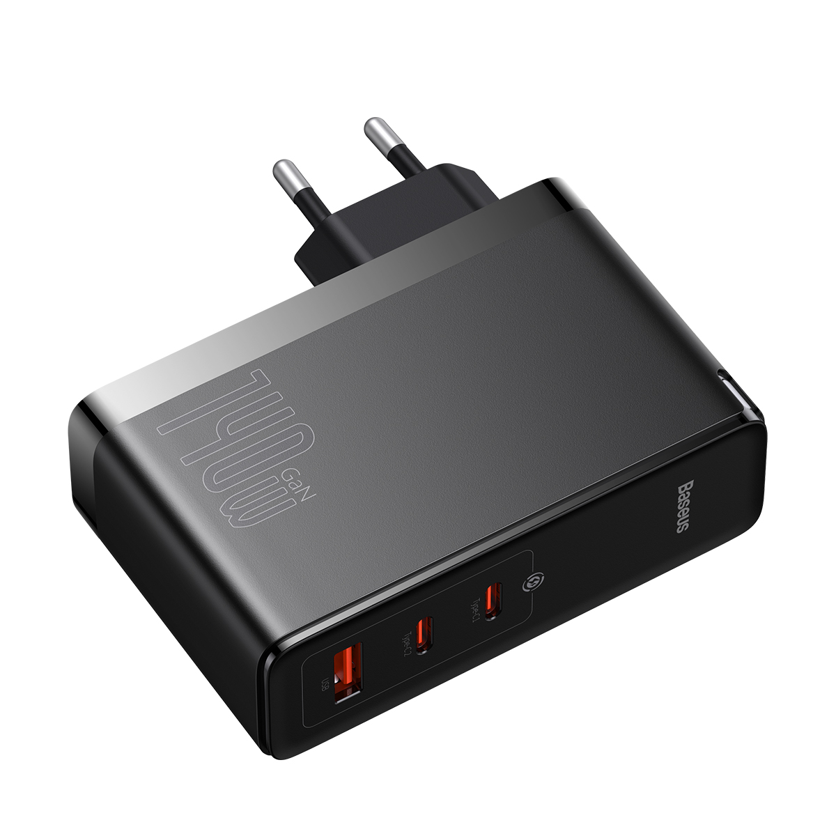 Czarna ładowarka Baseus 100W z dwoma portami USB-C i wtyczką.