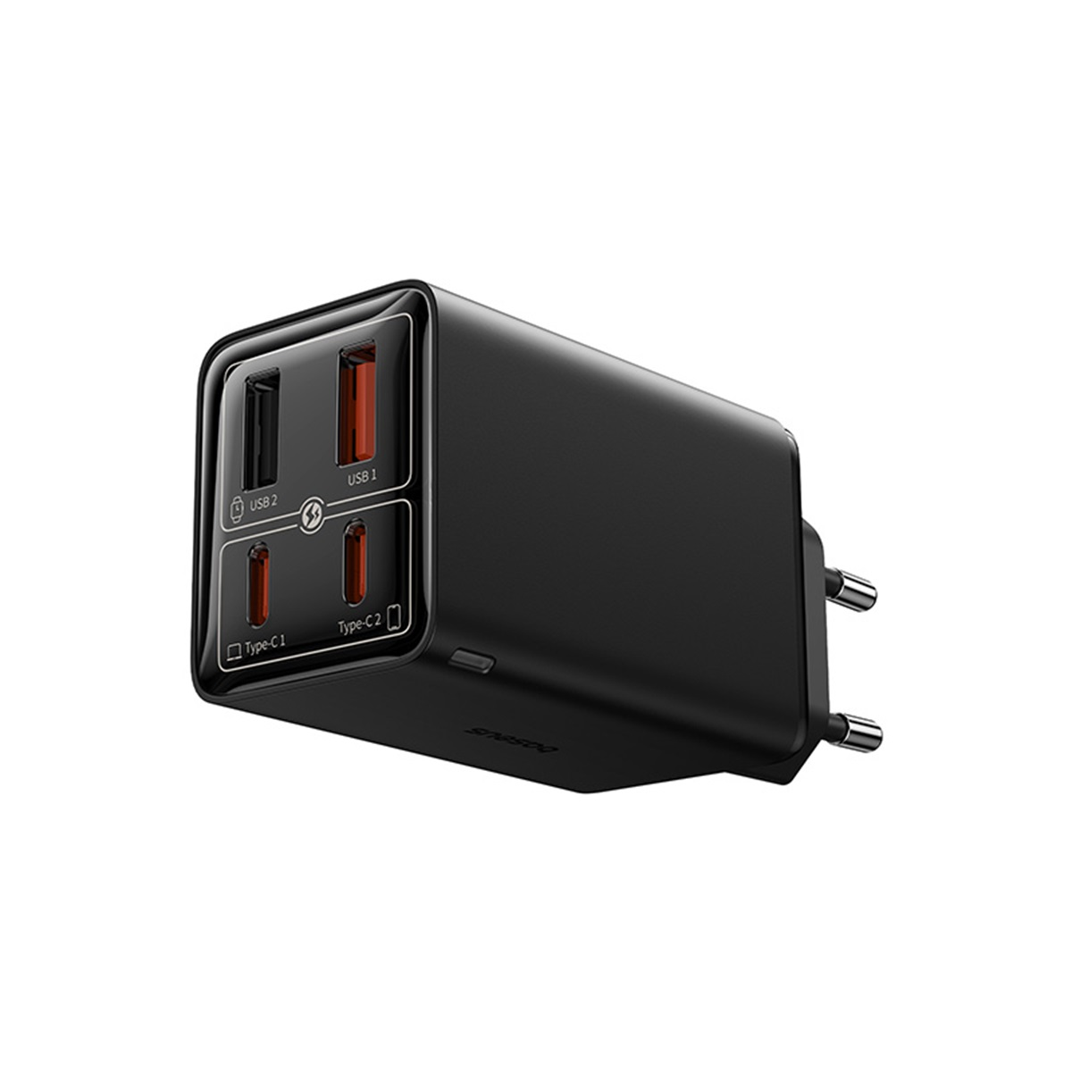 Adaptateur secteur noir avec 2 ports USB et 2 Type-C. L'adaptateur a une forme rectangulaire.
