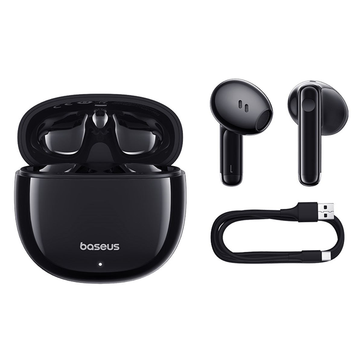 Auriculares inalámbricos negros en estuche de carga, con cable USB. Dos auriculares se muestran por separado.
