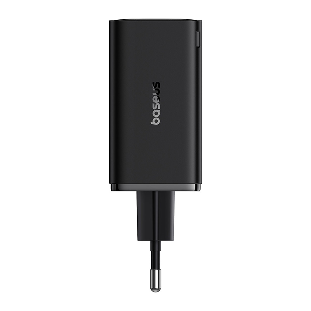 Chargeur Baseus noir avec prise noire. Le logo Baseus est visible à l'avant.