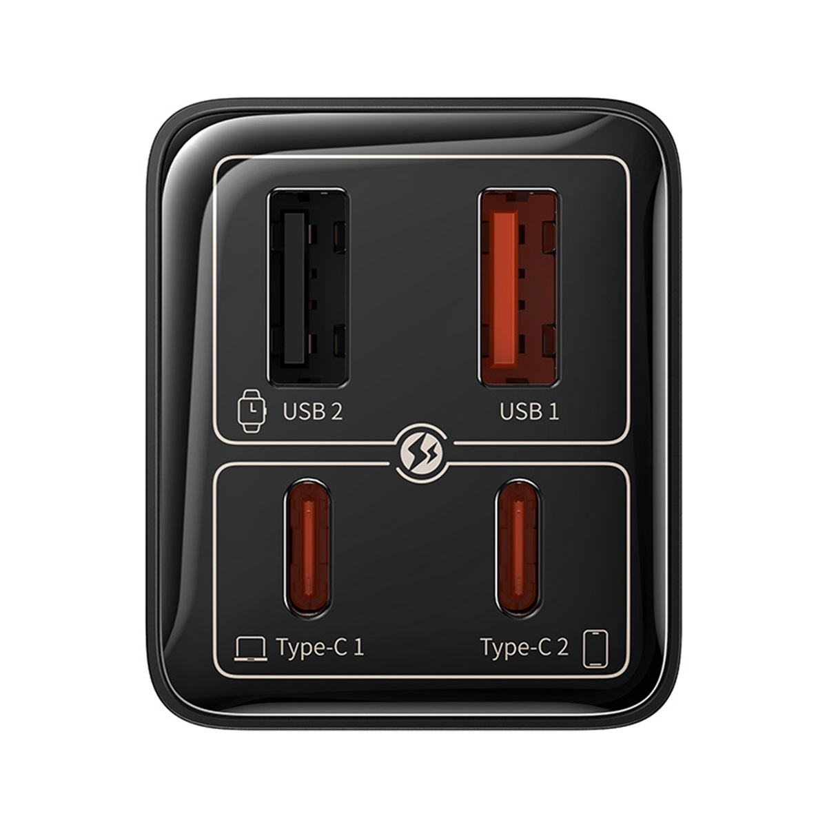 Un chargeur noir avec quatre ports : deux USB et deux Type-C. Tous les ports sont étiquetés.
