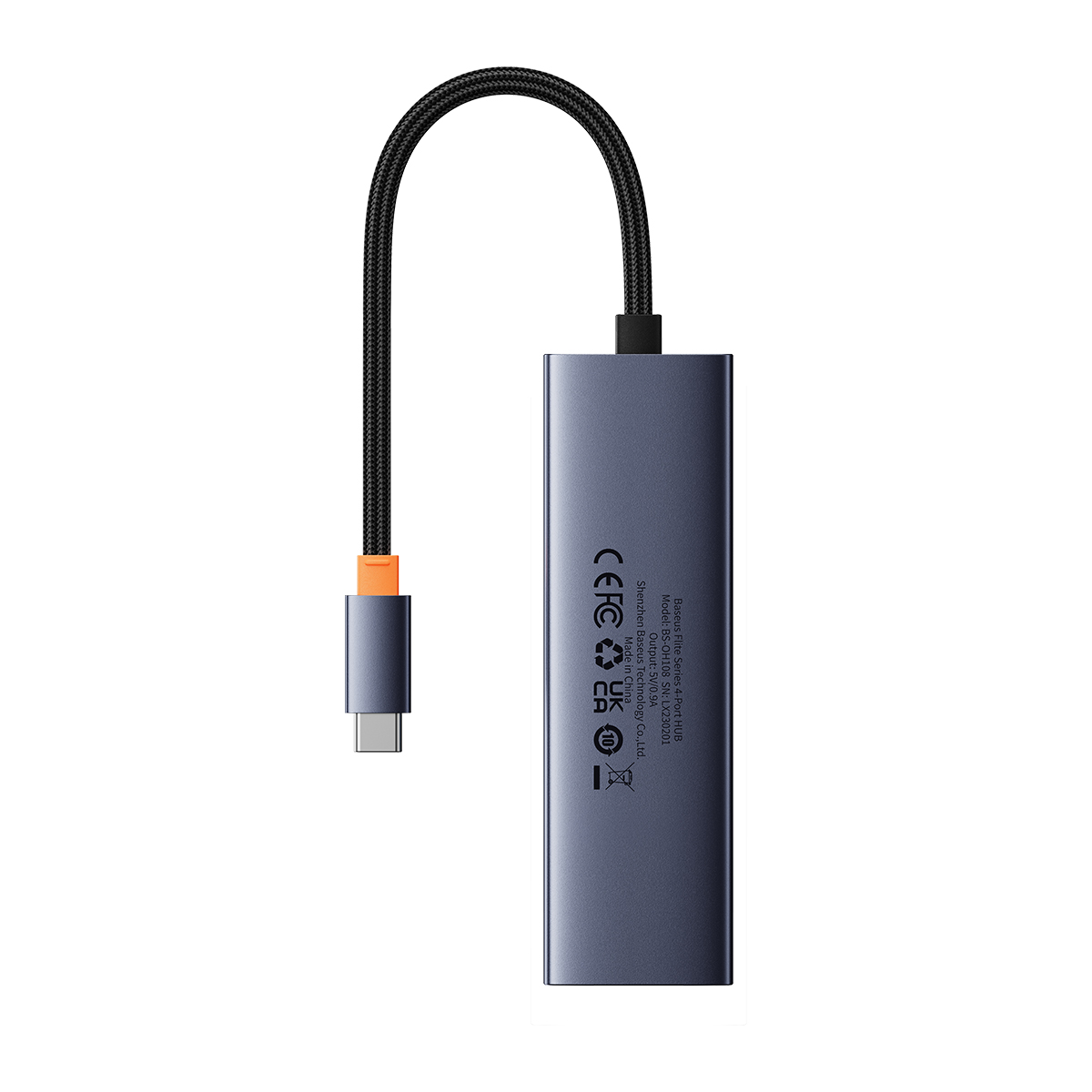 Blauw en grijze USB-C adapterkabel. Het heeft een USB-C connector en een oranje detail.