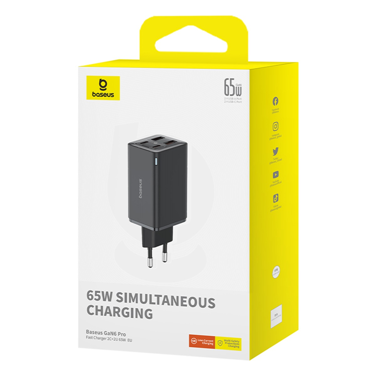 Boîte du chargeur Baseus GaN6 Pro 65W, avec un chargeur noir et un design de boîte jaune et blanc.