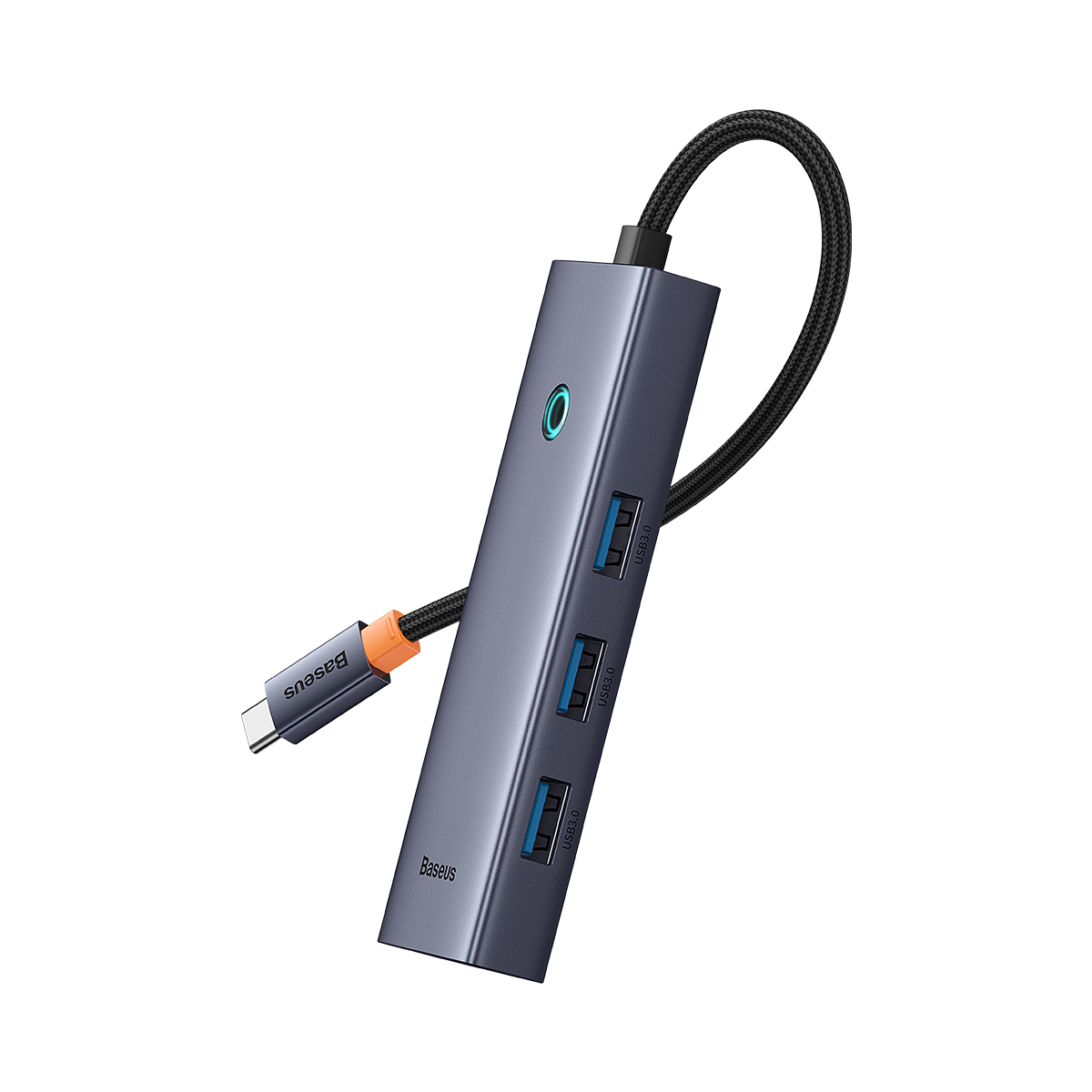 Grijze USB-hub met meerdere poorten en een zwarte kabel.