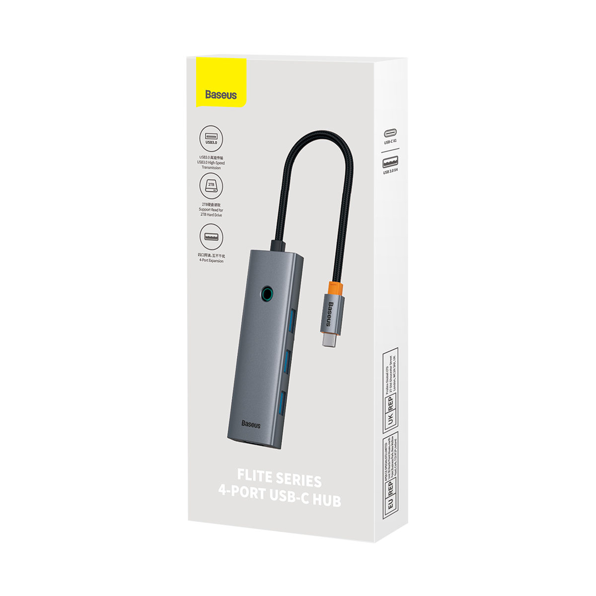 Baseus 4-poorts USB-C hub in een doos. Een kabel loopt naar links. Productinformatie is zichtbaar.