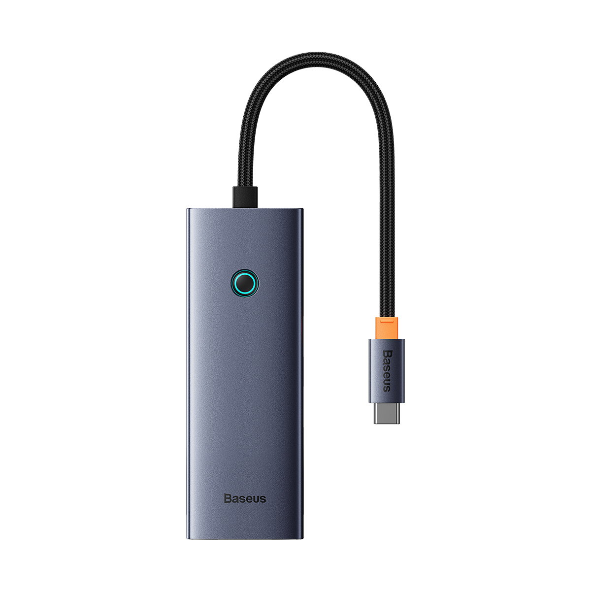 Een grijze Baseus adapter met een kabel en een USB-C connector.